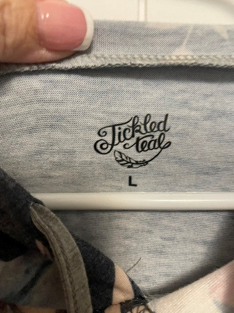 Large Tickled Teal Floral Lightweight Hoodie Sweatshirt Gray Pink Roses