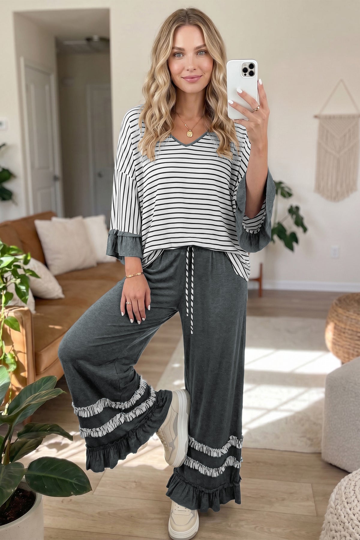Khaki Stripe V Neck Ruffle Contrast Sleeve Top Drawstring Pants 2pcs Set