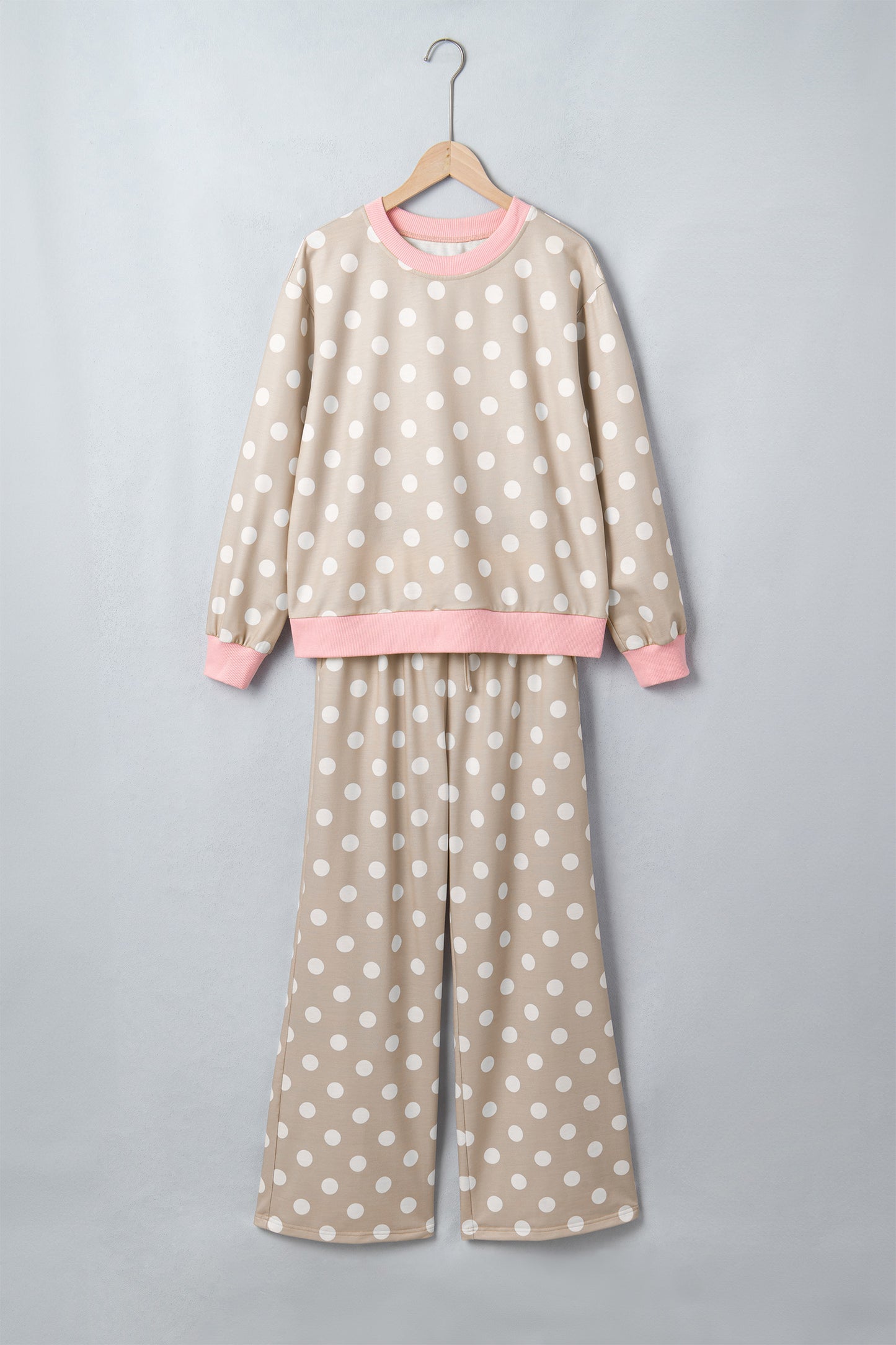 Sky Blue Polka Dot Contrast Trim Long Sleeve Top Drawstring Shift Pants Set