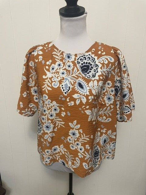Size Medium LOFT Rust Floral Paisley Short Sleeve Blouse