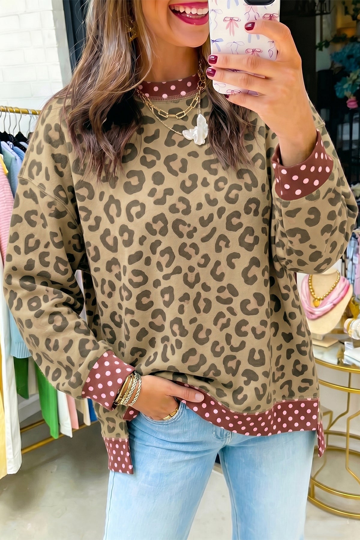 Khaki Leopard Polka Dot Colorblock Trim Long Sleeve Top