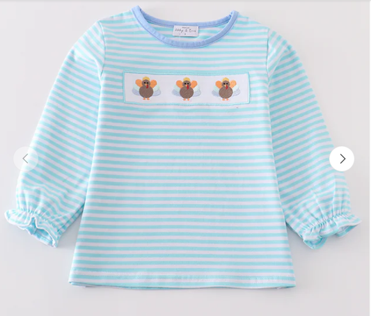 Size 4 - Abby & Evie Premium Green stripe turkey embroidery girl top