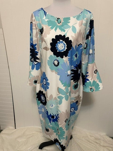 Size 14 - Calvin Klein Blue Floral Bell Sleeve Sheath Dress