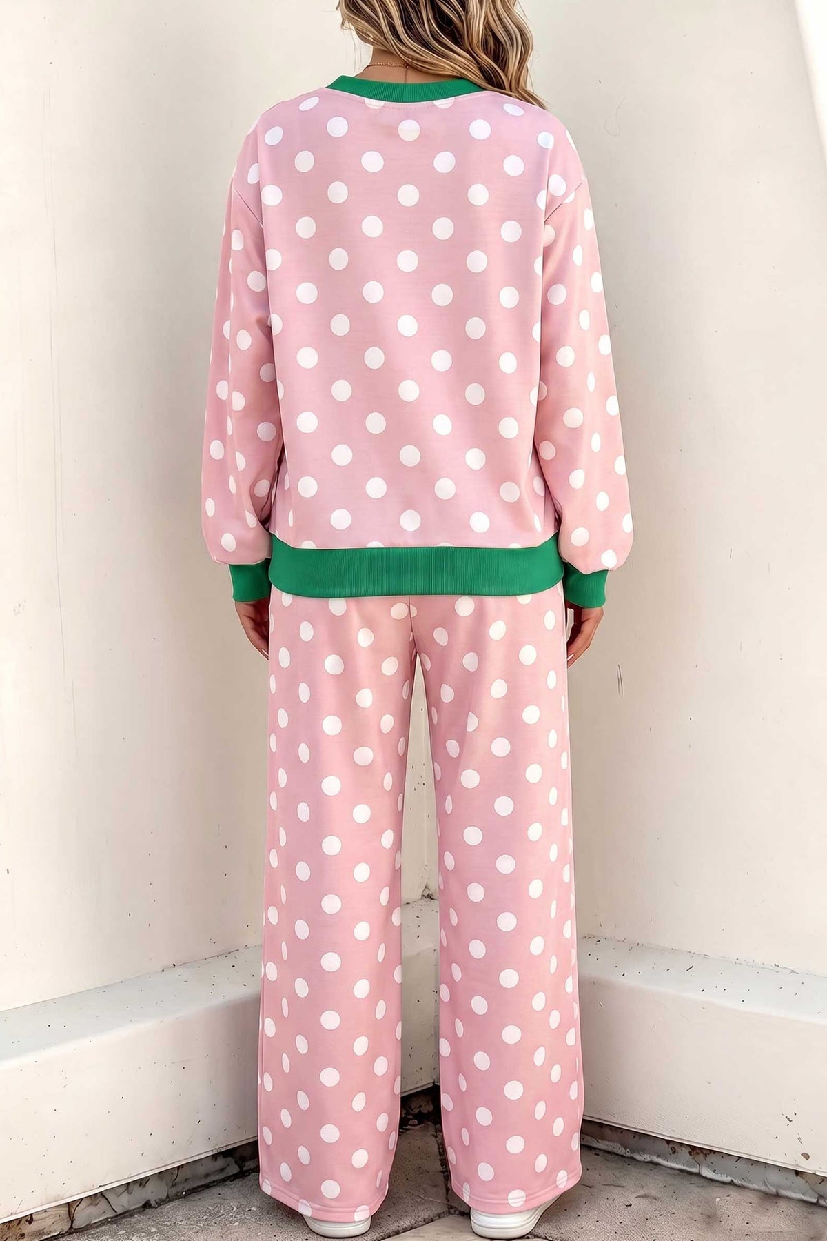 Sky Blue Polka Dot Contrast Trim Long Sleeve Top Drawstring Shift Pants Set