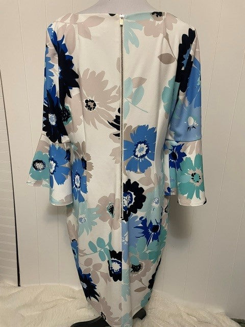 Size 14 - Calvin Klein Blue Floral Bell Sleeve Sheath Dress
