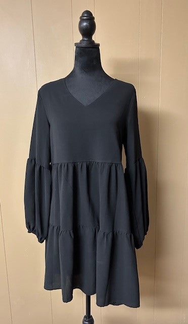 Size S – Black Tiered Dress | Balloon Sleeve