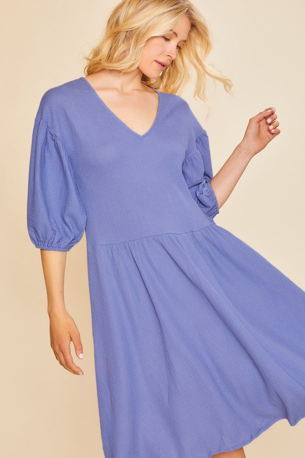 Size Small - V Neck Puff Sleeve Midi Knit Dress