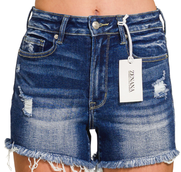 Multiple Sizes - Dark washed raw frayed hem denim shorts
