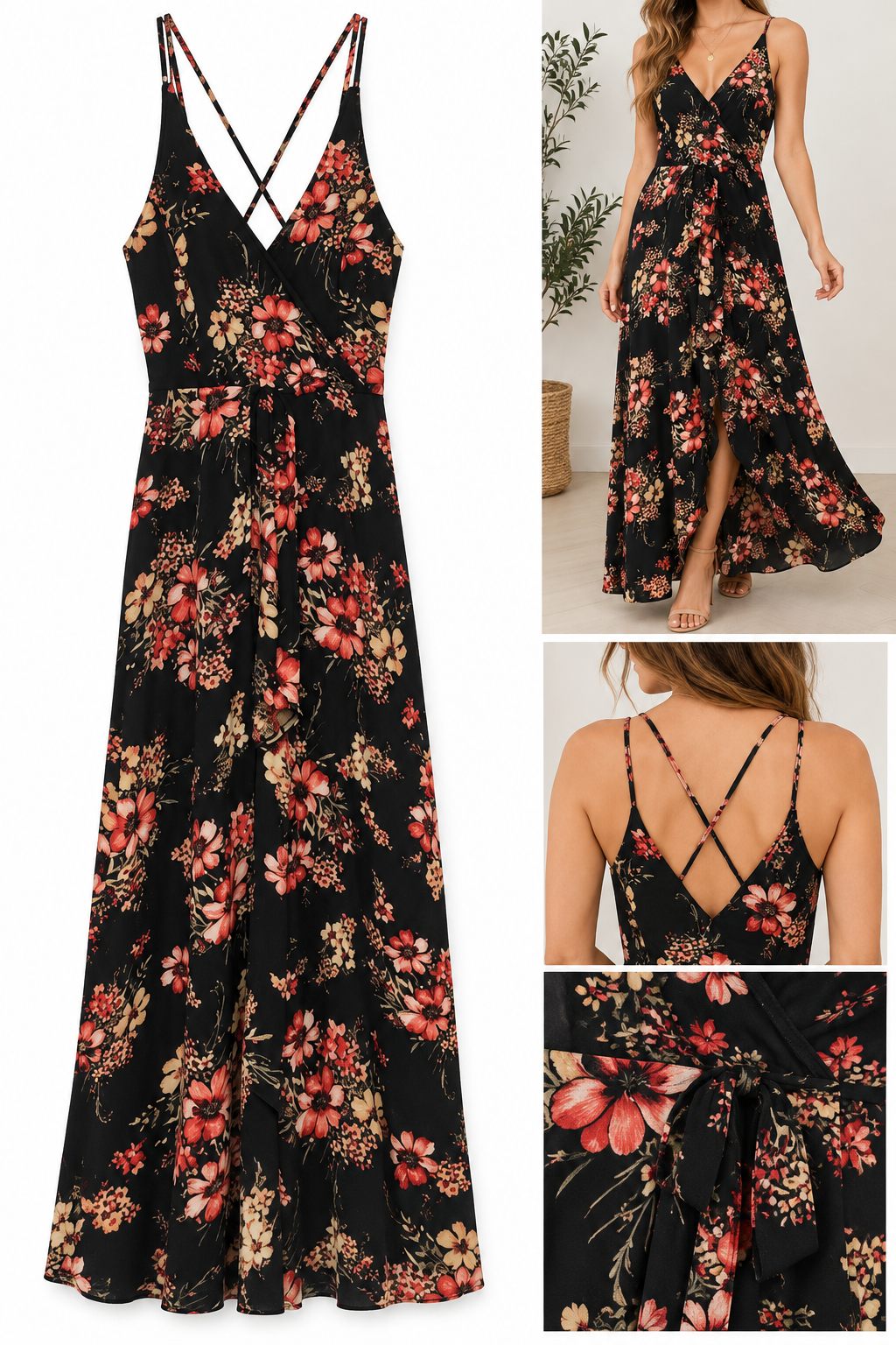 Small Mi Ami Black Floral High Low Maxi Dress Wrap Style Boho