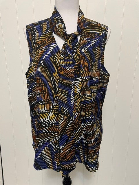 Size L - Kasper Abstract Print Sleeveless Tie Neck Blouse