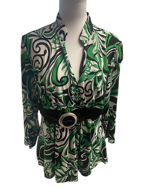 Size L – Cato Green Printed Top | Faux Belted