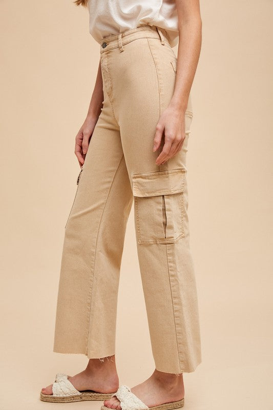 Size Med -  Stretch High Rise Wide Leg Cargo Utility Denim - Hazelnut color