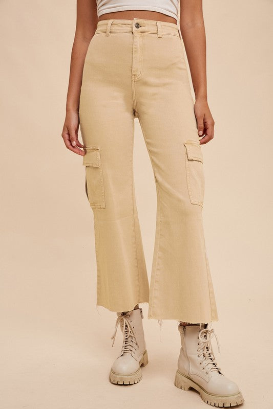 Size Med -  Stretch High Rise Wide Leg Cargo Utility Denim - Hazelnut color