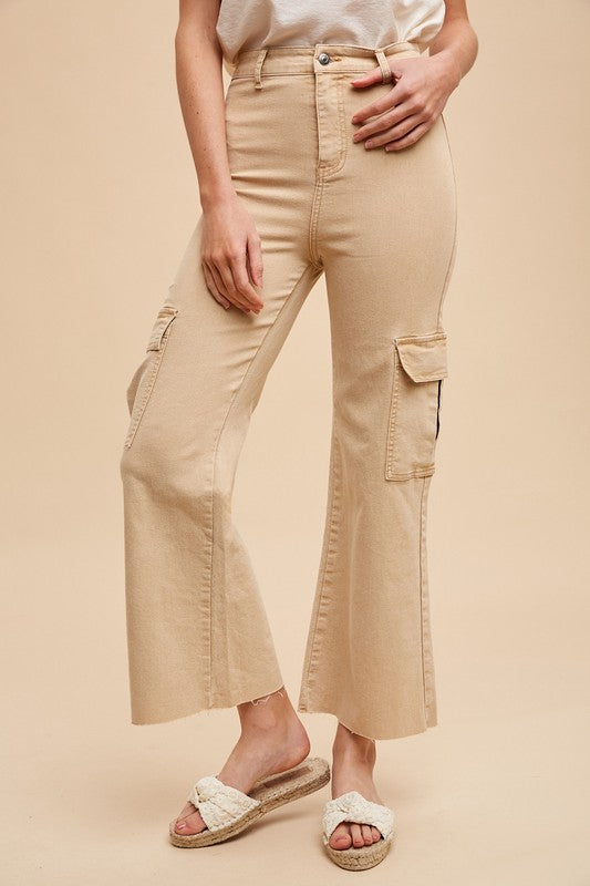Size Med -  Stretch High Rise Wide Leg Cargo Utility Denim - Hazelnut color