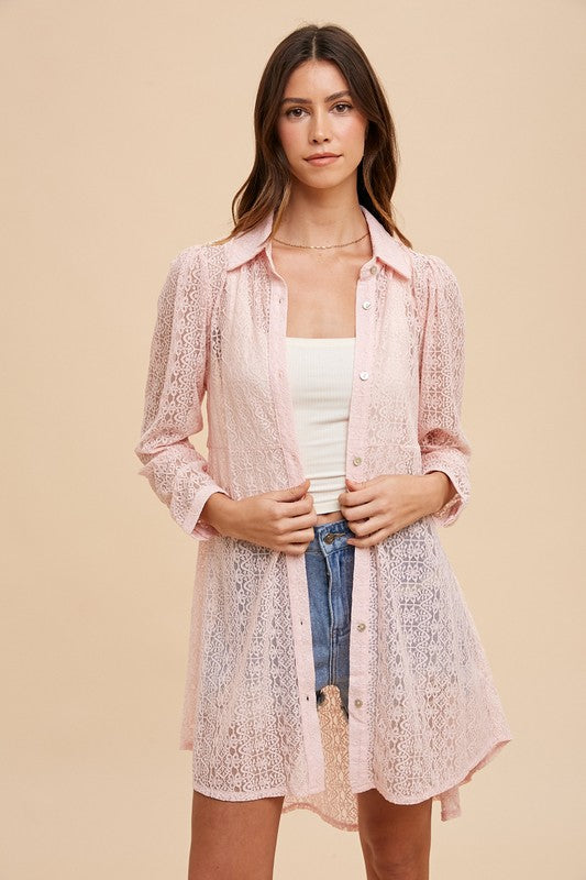 Size Small - Anniewear Stretch Lace See Through Shirts Blouse Tunic Top Blush color