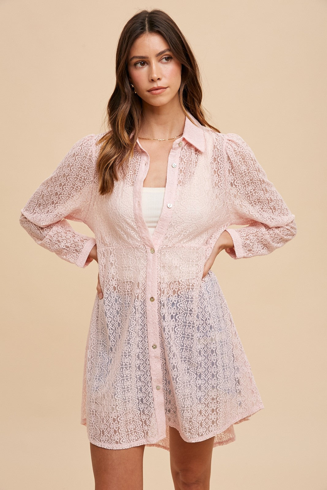 Size Small - Anniewear Stretch Lace See Through Shirts Blouse Tunic Top Blush color