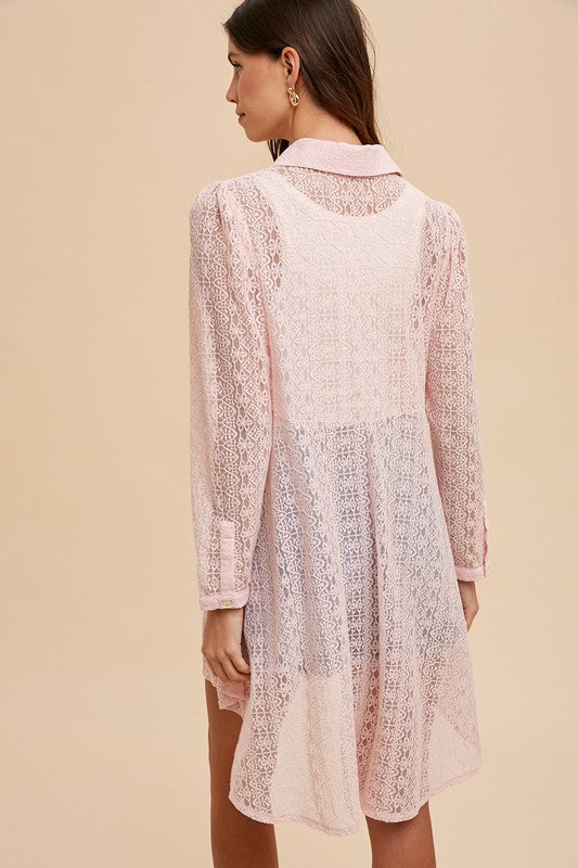 Size Small - Anniewear Stretch Lace See Through Shirts Blouse Tunic Top Blush color