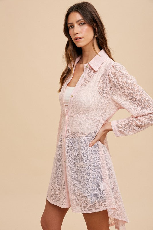 Size Small - Anniewear Stretch Lace See Through Shirts Blouse Tunic Top Blush color