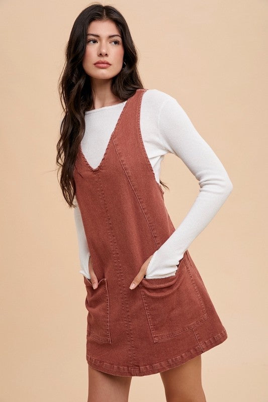 Stretched Denim Overall Mini Dress - Brick Color