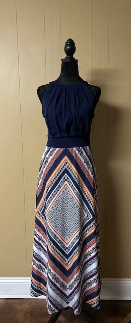 Size S – Blue Halter Maxi Dress | Printed Skirt