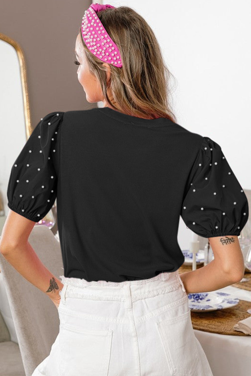 Light Pink Ribbed Pearl Beaded Puff Sleeve Top