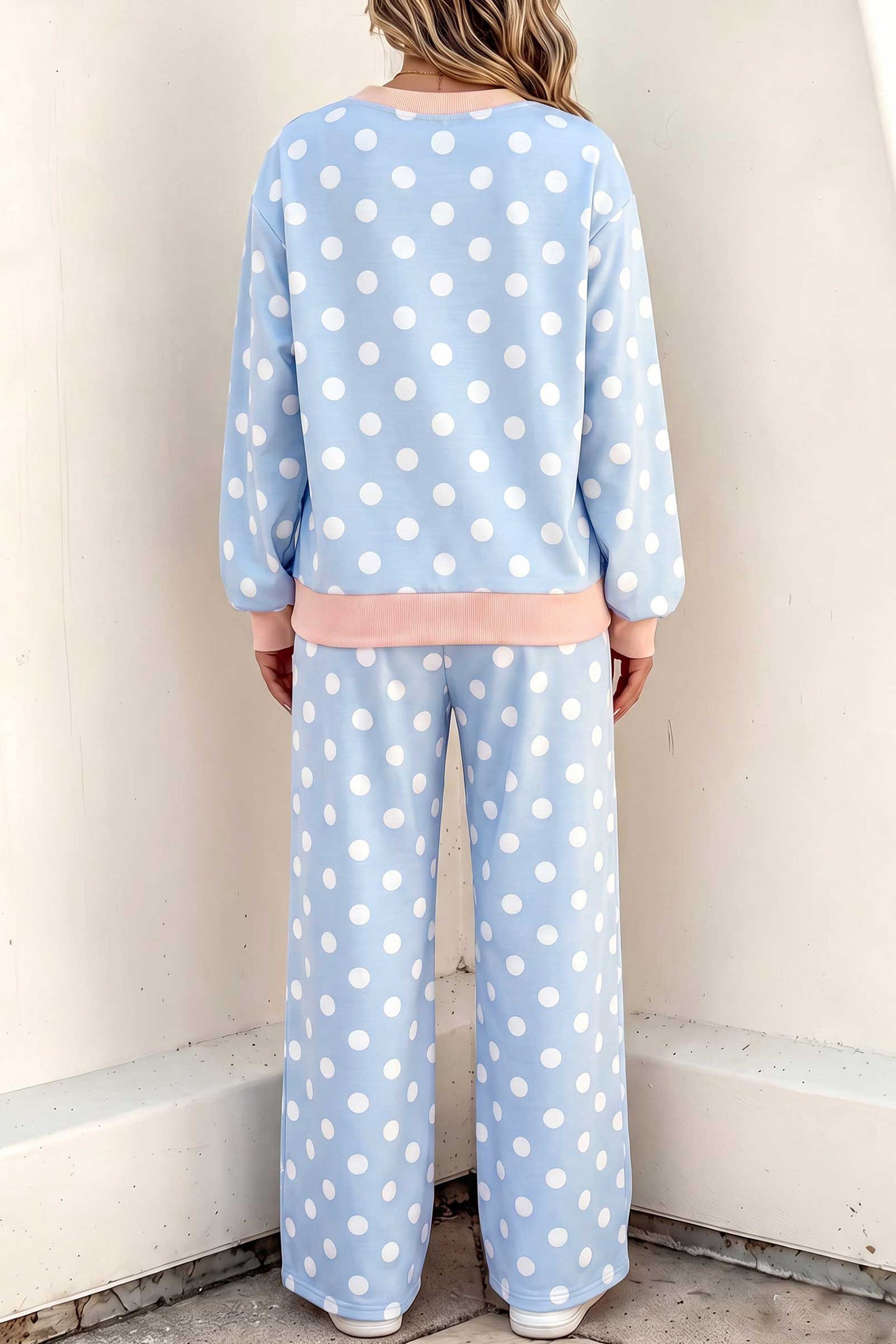 Sky Blue Polka Dot Contrast Trim Long Sleeve Top Drawstring Shift Pants Set