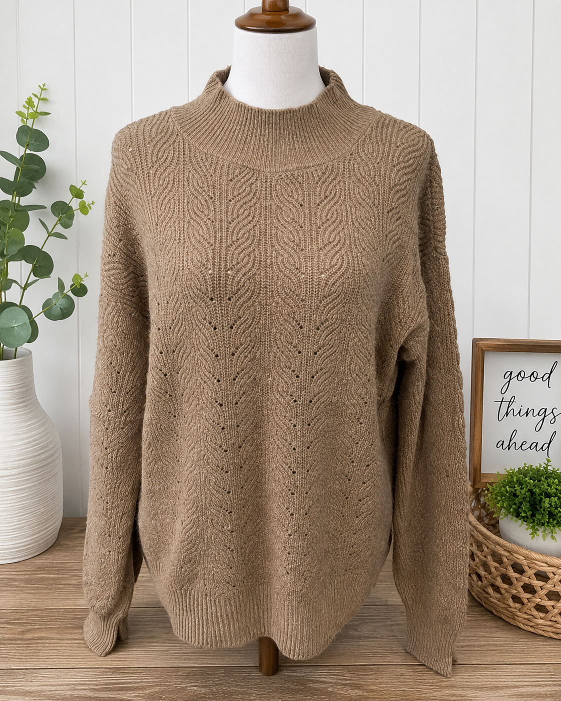 Size Large Evolution Taupe Cable Knit Mock Neck Sweater