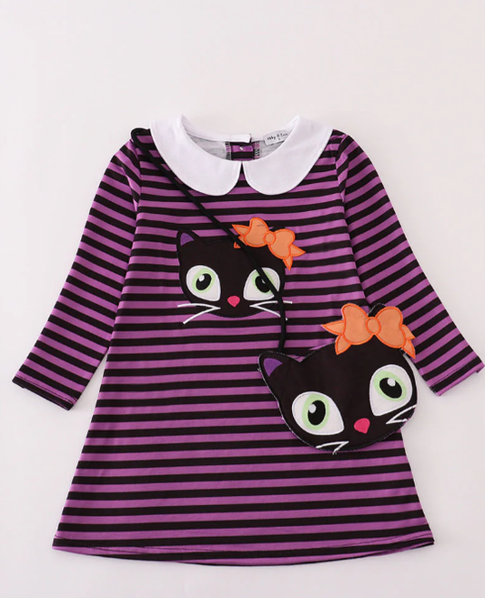 Size 4 - Purple Halloween cat stripe dress 2pc set