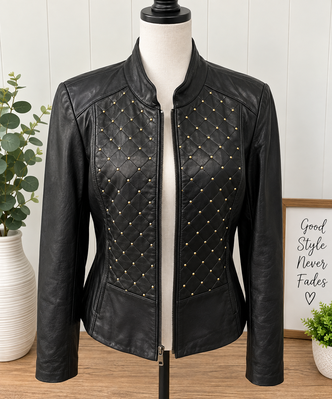 Size Large White House Black Market Black Leather Studded Jacket