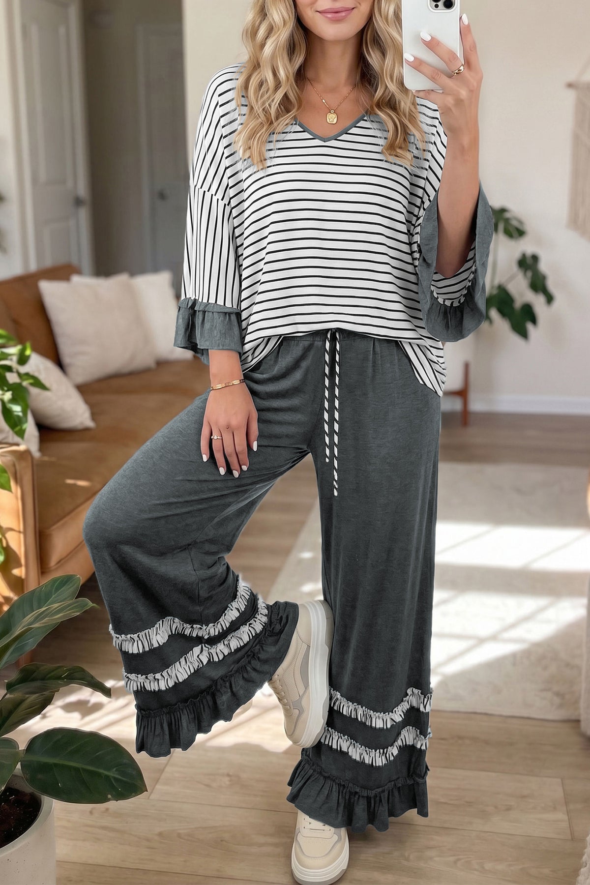 Khaki Stripe V Neck Ruffle Contrast Sleeve Top Drawstring Pants 2pcs Set