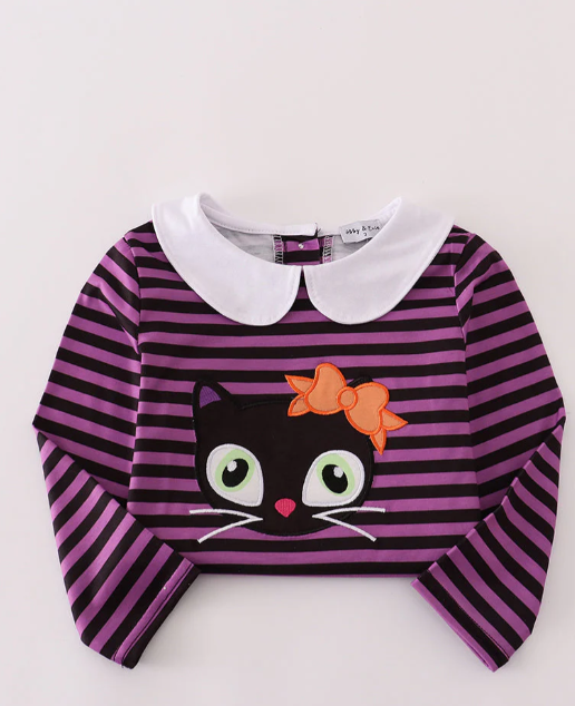 Size 4 - Purple Halloween cat stripe dress 2pc set