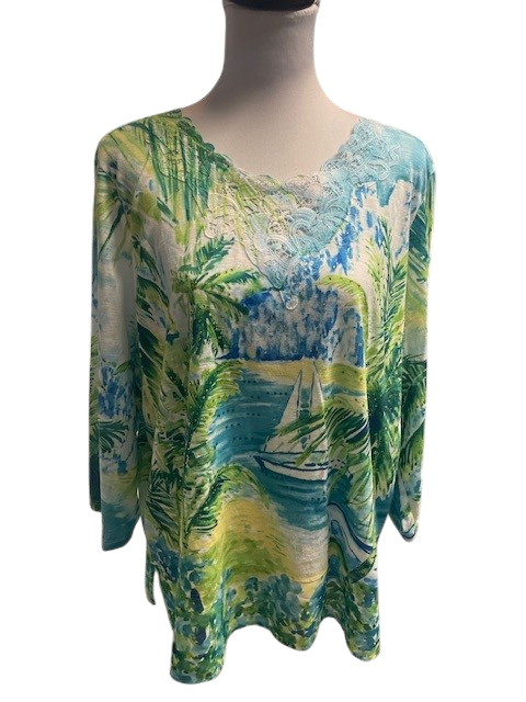Size L – Alfred Dunner Tropical Print Top | Lace Trim