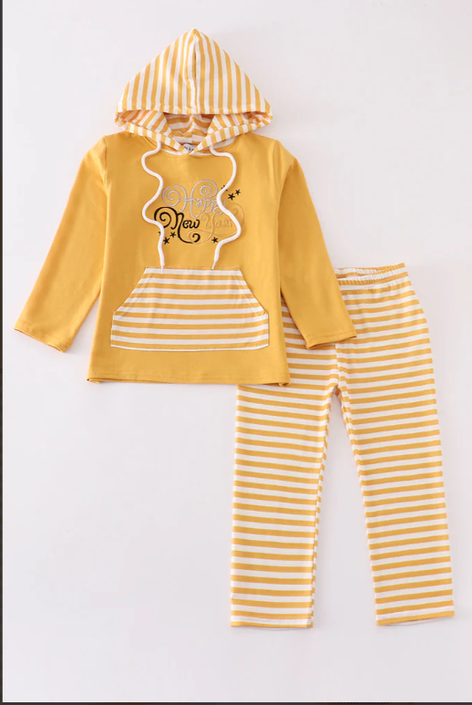 Size 5 - Mustard happy new year embroidery boy hoodie set