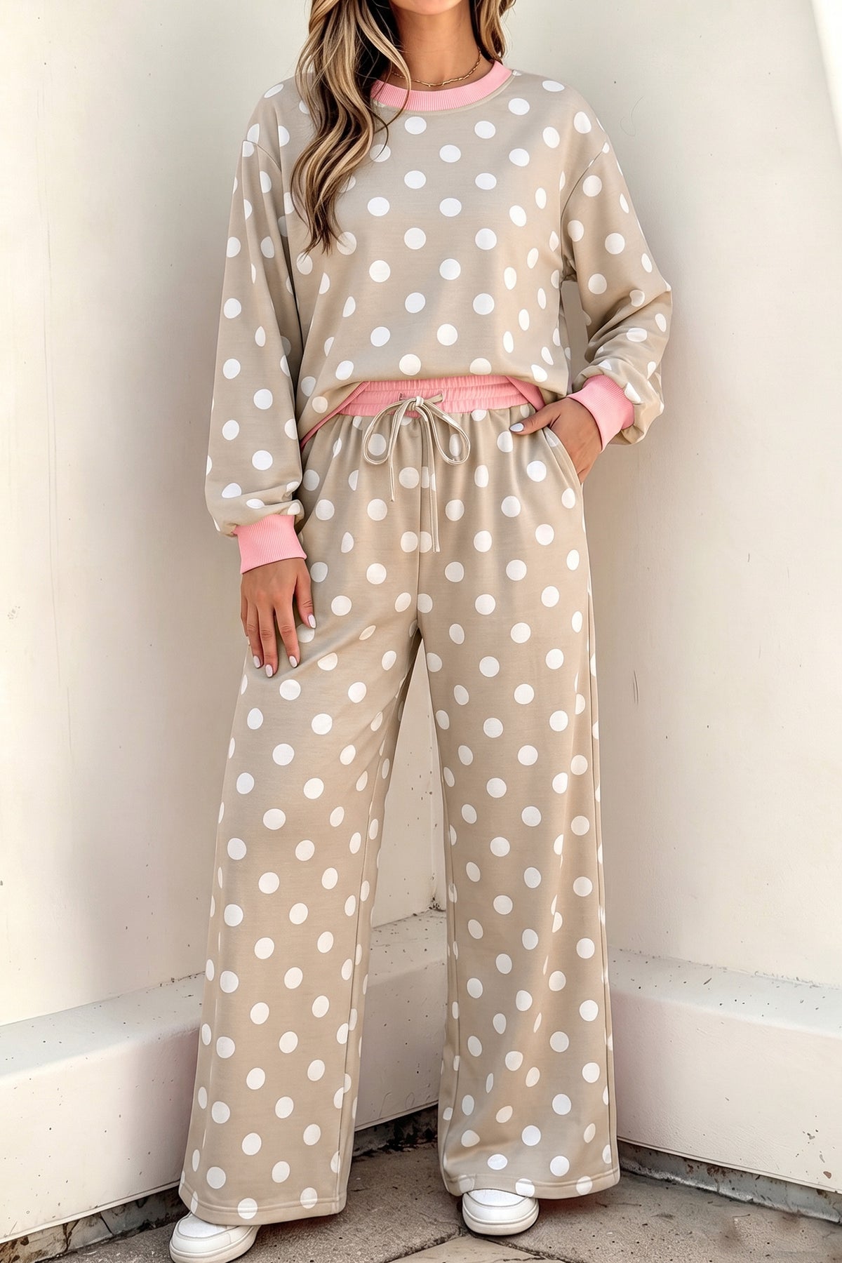 Sky Blue Polka Dot Contrast Trim Long Sleeve Top Drawstring Shift Pants Set