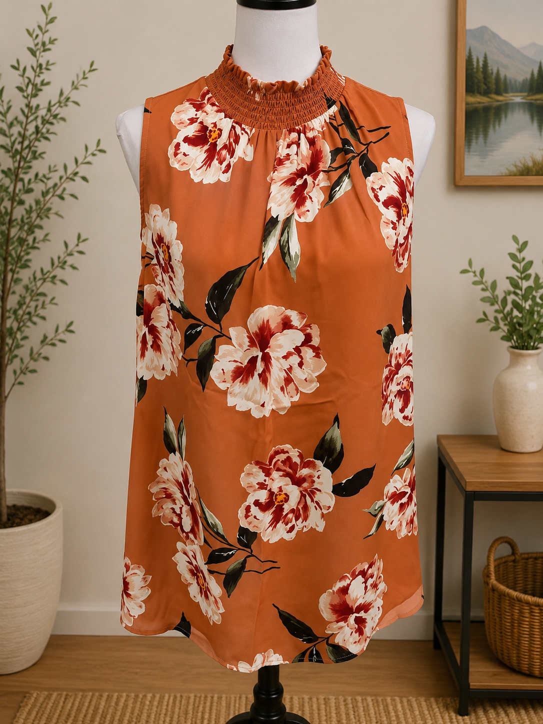 Size Large Daniel Rainn Rust Floral Sleeveless Blouse