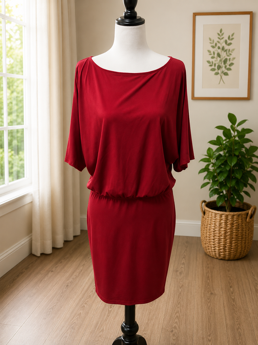 Size M – Moda International Red Cold Shoulder Blouson Dress