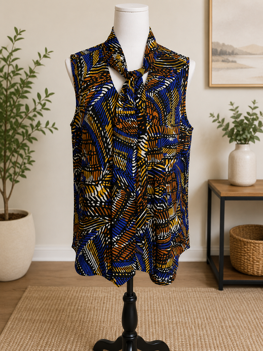 Size L - Kasper Abstract Print Sleeveless Tie Neck Blouse