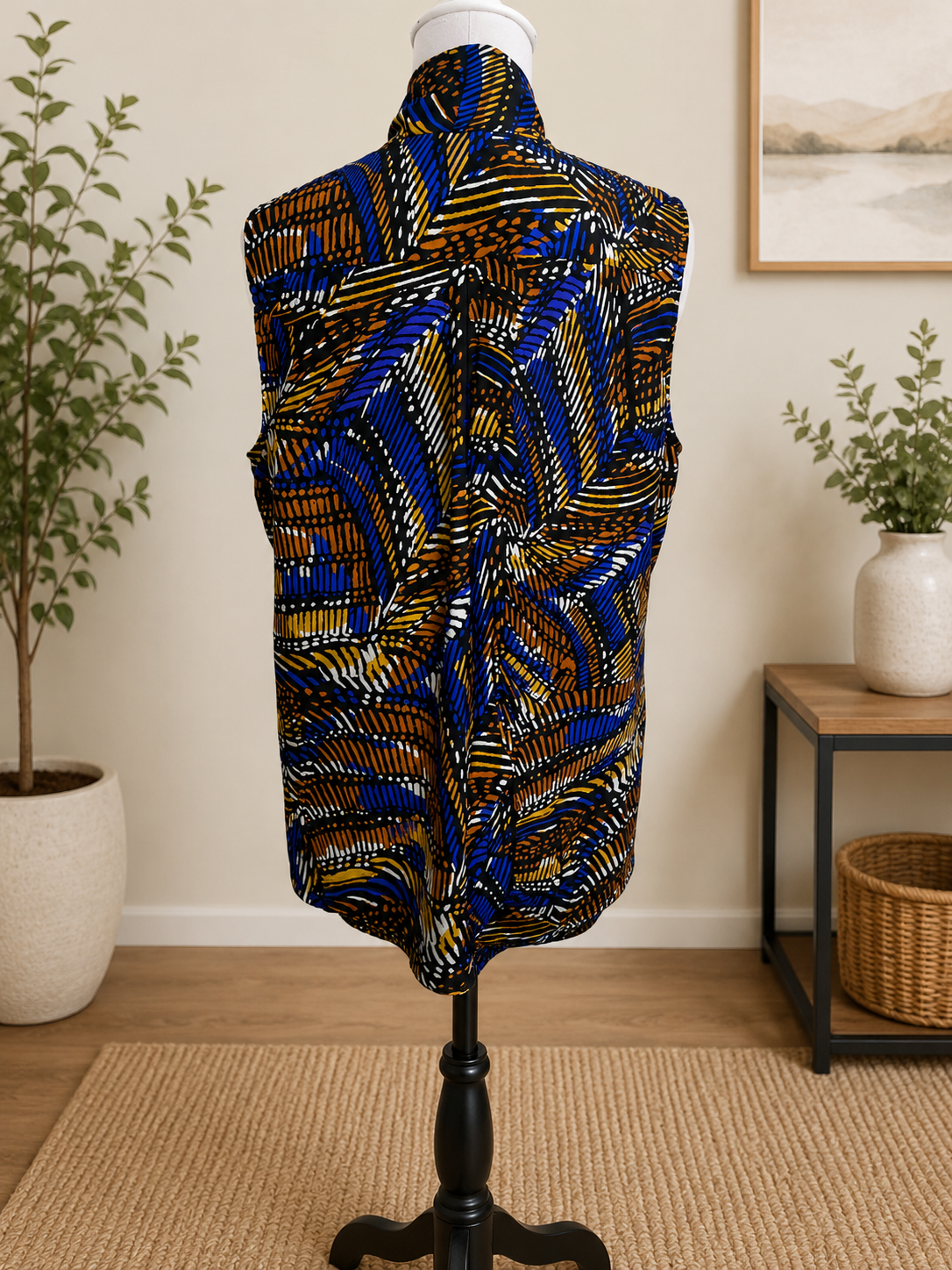 Size L - Kasper Abstract Print Sleeveless Tie Neck Blouse