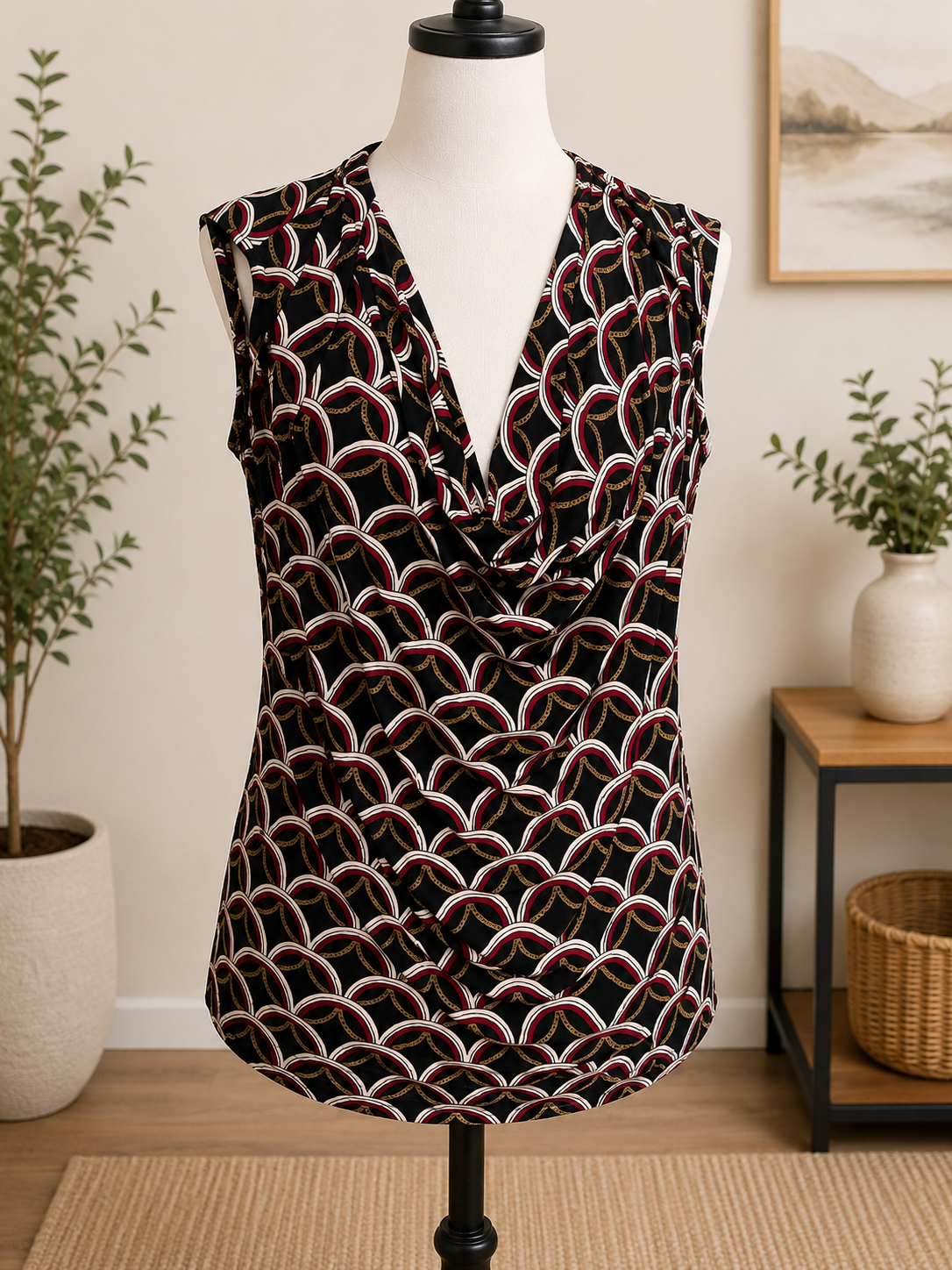 Size Large Kasper Sleeveless Cowl Neck Geometric Print Top