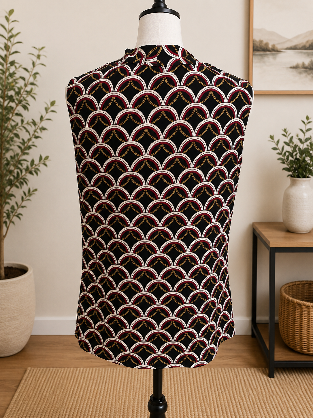 Size Large Kasper Sleeveless Cowl Neck Geometric Print Top