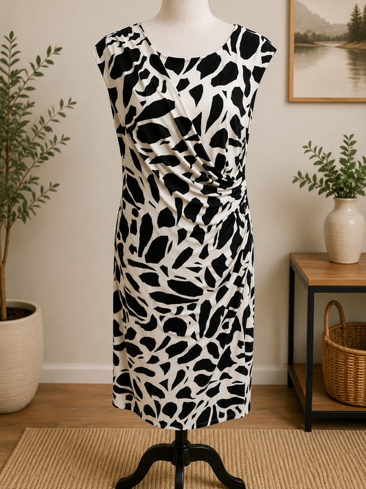 Size 14  - Kasper Black & White Faux Wrap Sheath Dress Stretch