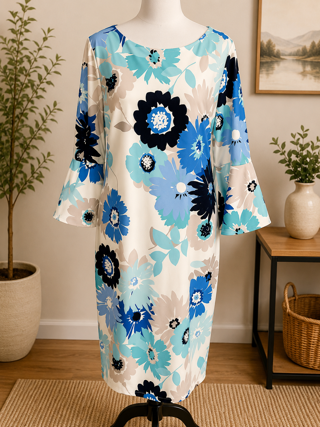 Size 14 - Calvin Klein Blue Floral Bell Sleeve Sheath Dress