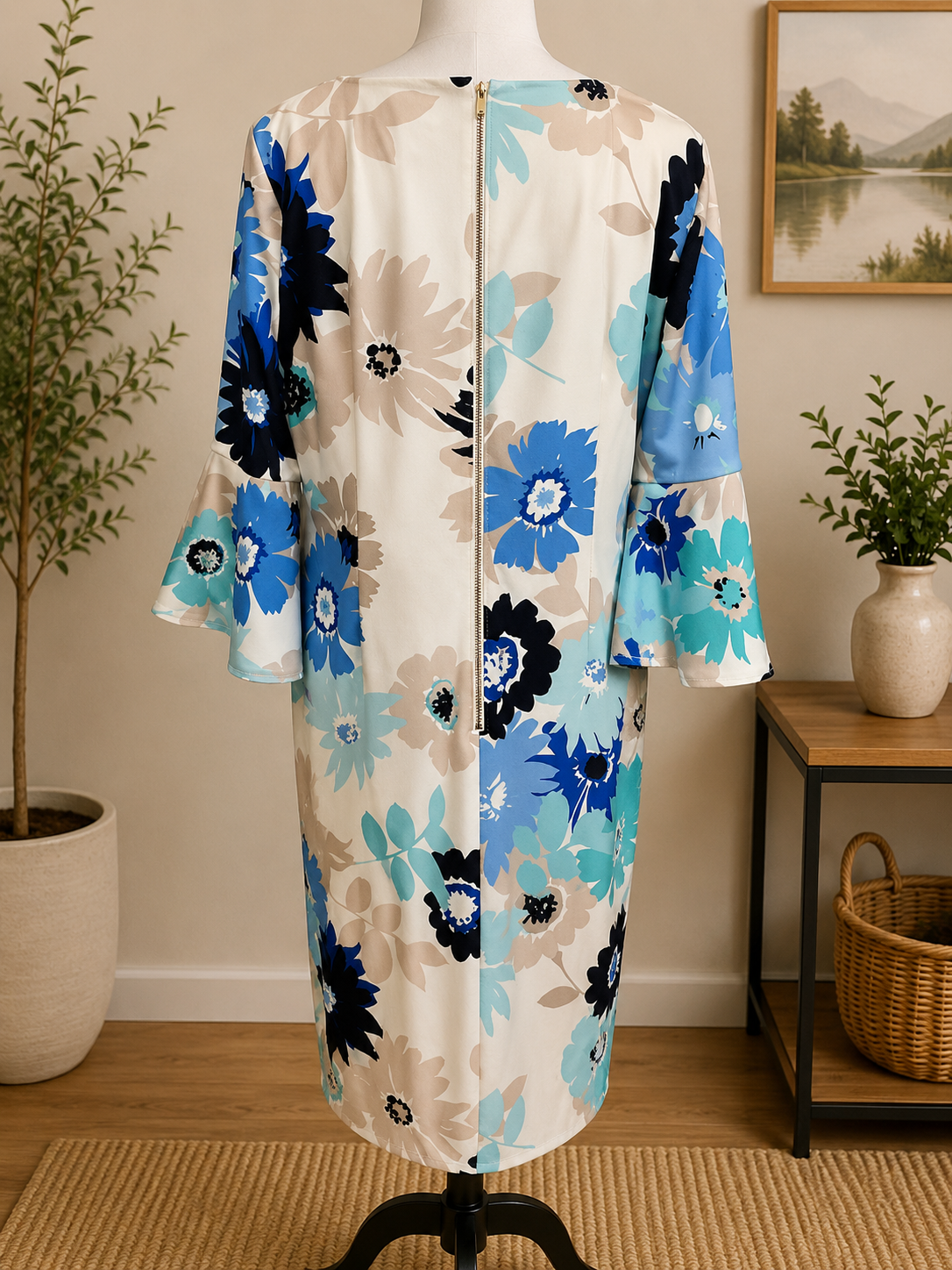 Size 14 - Calvin Klein Blue Floral Bell Sleeve Sheath Dress