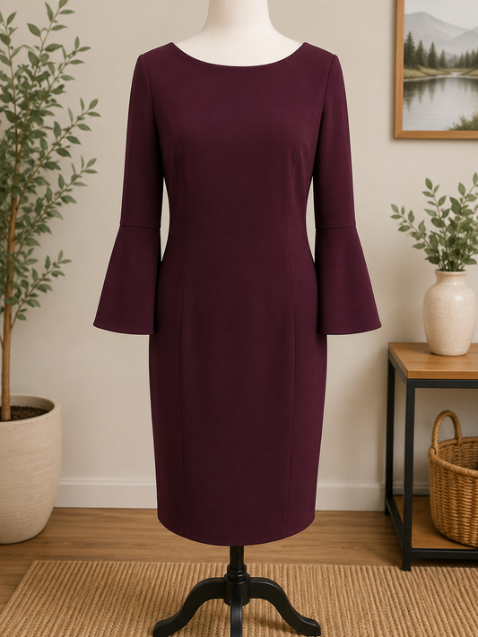 Size 14 Calvin Klein Plum Bell Sleeve Sheath Dress