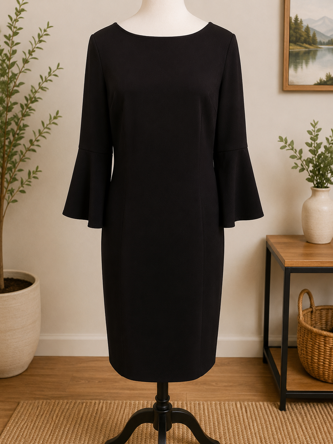 Size 14 Calvin Klein Black Bell Sleeve Sheath Dress
