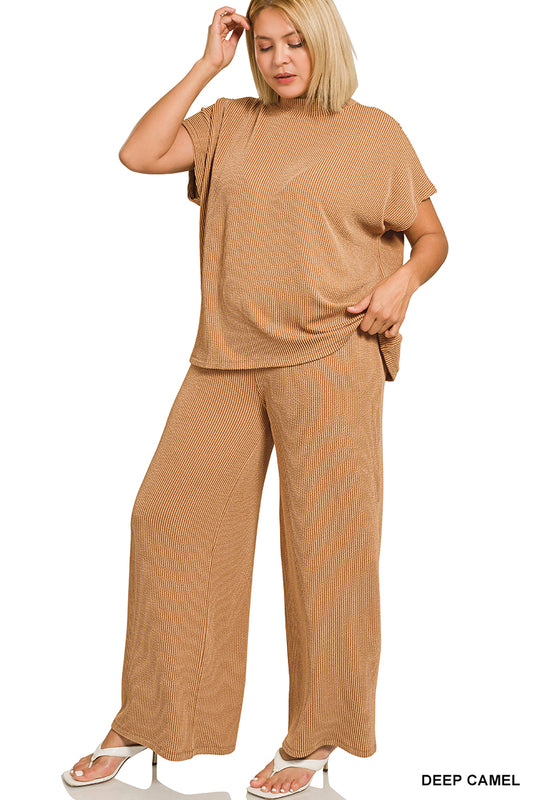 Multiple Sizes - Zenana Plus Raised Ribbed SS Tee & Pants Set