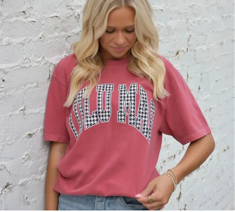 Size Small Lulu Mac Crimson Houndstooth Comfort Colors Tee