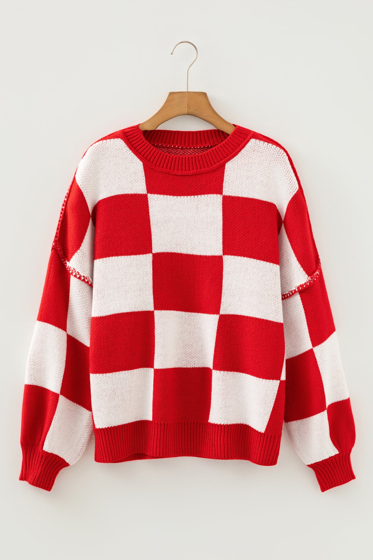 Khaki Checkered Bishop Sleeve Sweater