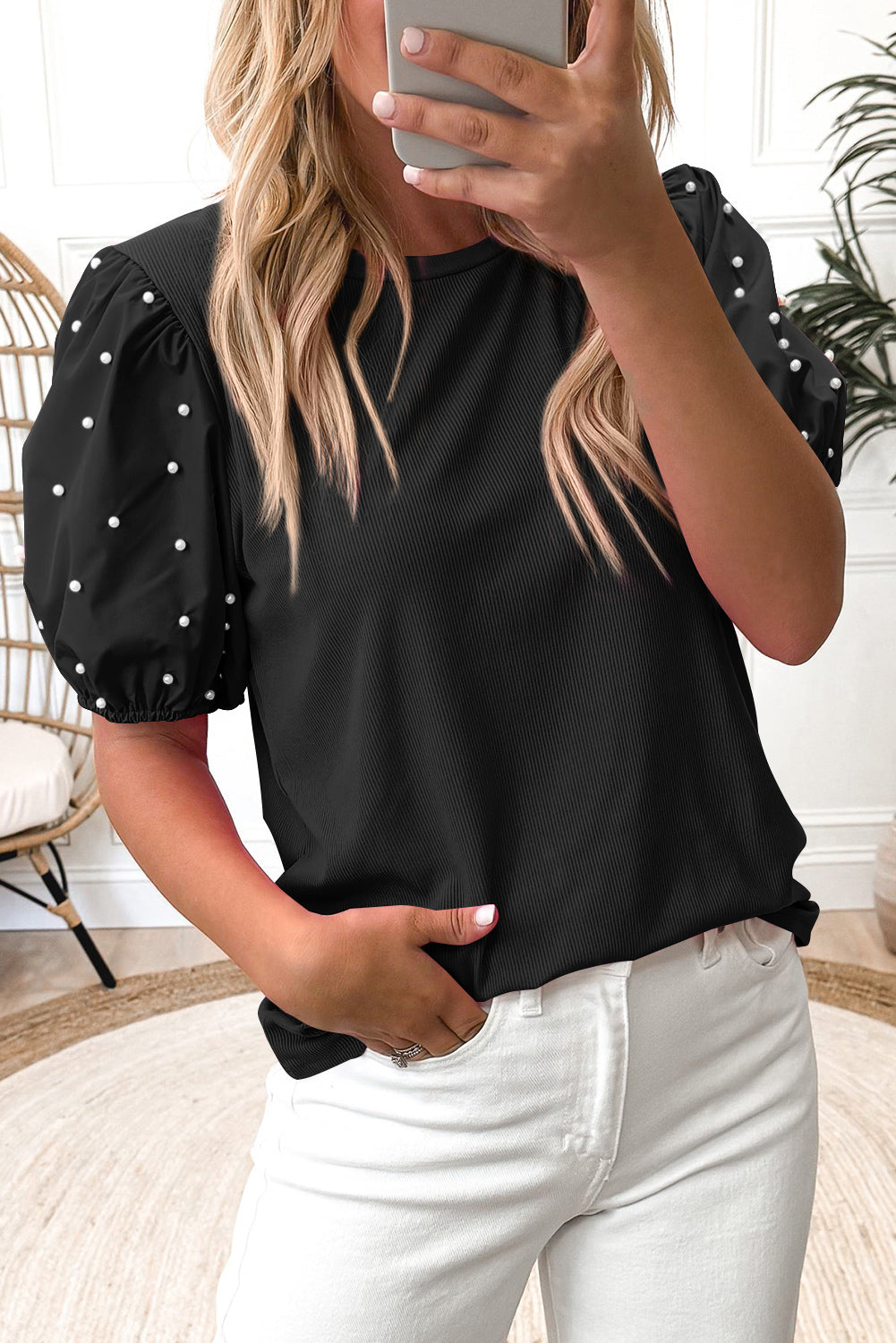 Light Pink Ribbed Pearl Beaded Puff Sleeve Top