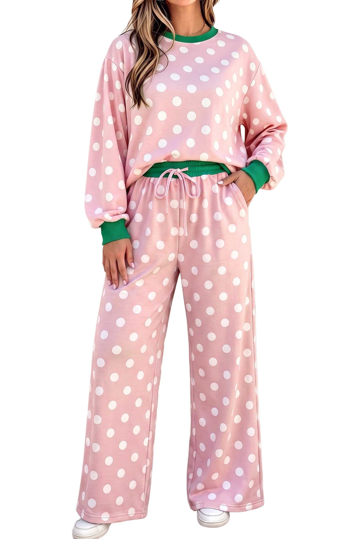 Sky Blue Polka Dot Contrast Trim Long Sleeve Top Drawstring Shift Pants Set